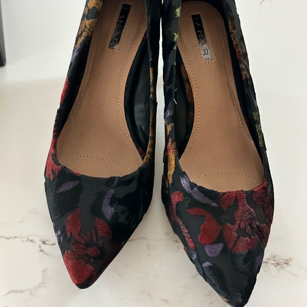 Tahari Black and Red Heels with Elegant Floral Design
